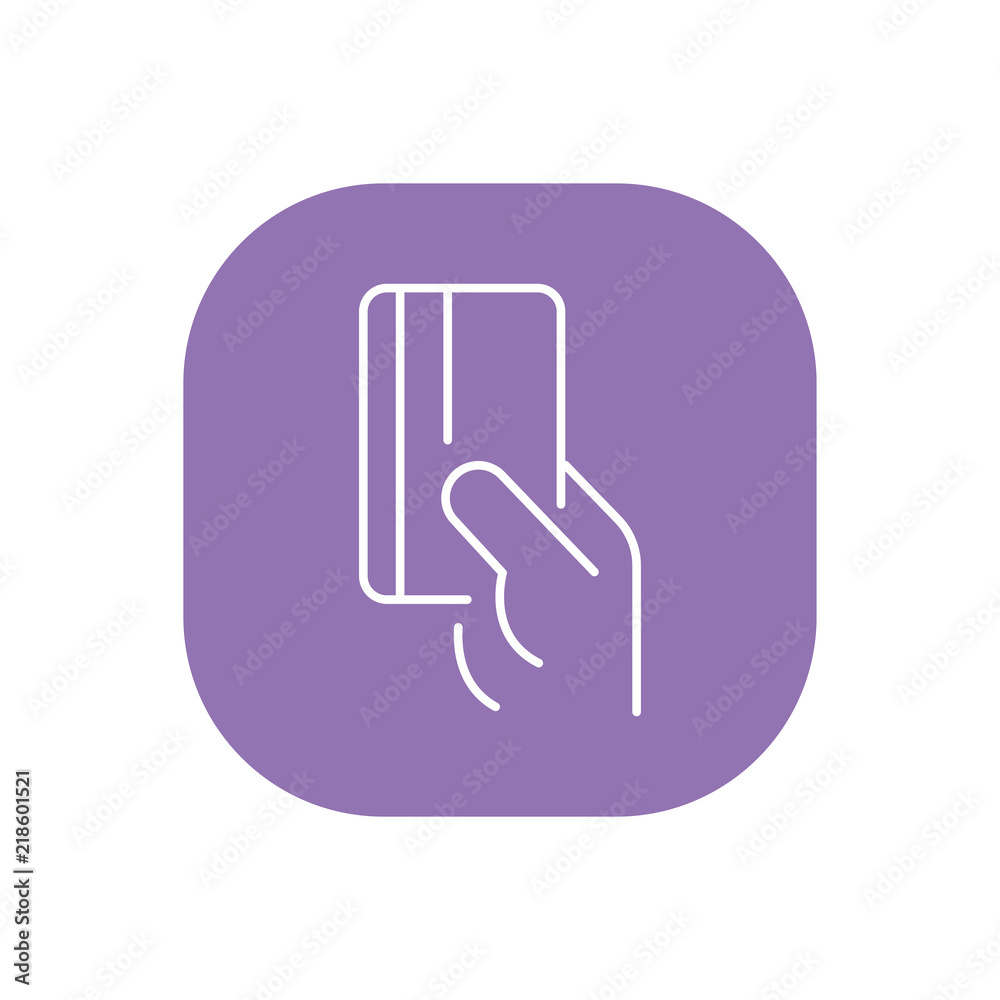 Hand holding credit card icon. Vector thin line emblem for the button payment service of the website or finance mobile app design. Hand holding credit card icon. Vector thin line emblem for the button payment service of the website or finance mobile app design.