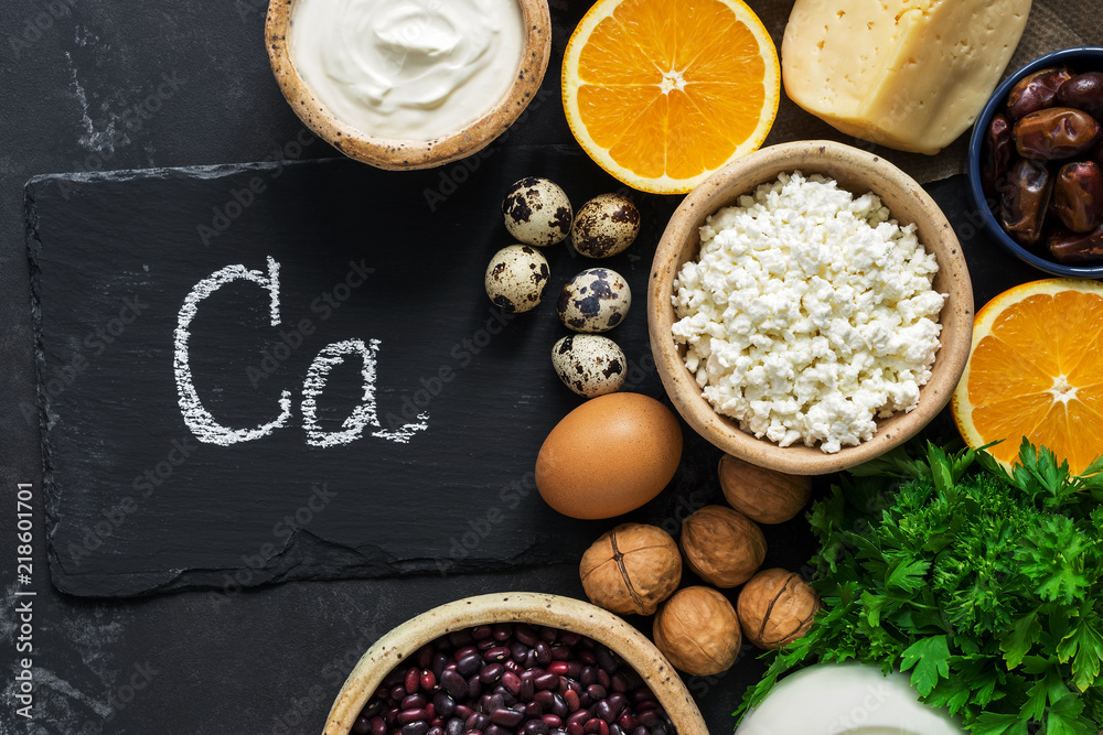 A set of foods high in calcium. Top view. Flat lay.