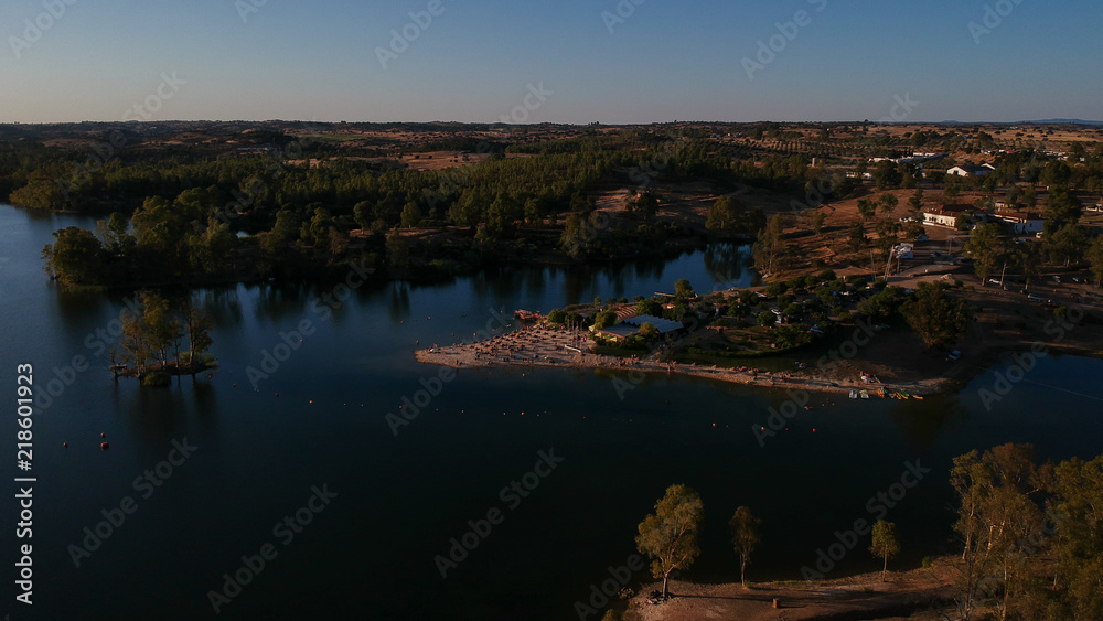 Aerial view from a lake in Portugal. Minas de Sao Domingos, Alentejo, Portugal