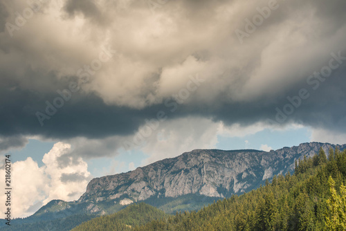 Storm clouds over mountains close up in the Carpathian mountains.