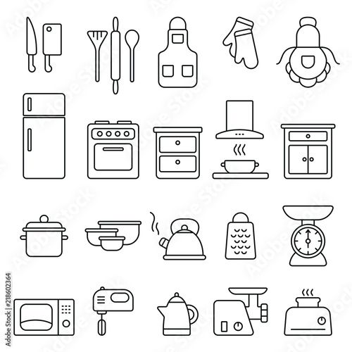 Kitchen related icons: thin vector icon set, black and white kit