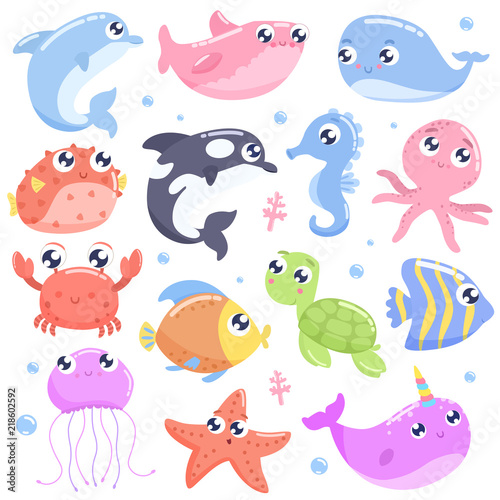 Cute cartoon sea animals. Flat design