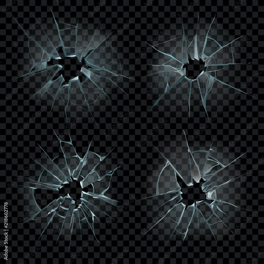Realistic cracked glass. Broken mirror with crack pieces. Shattered mirrors splinters and shattering cracks isolated vector set