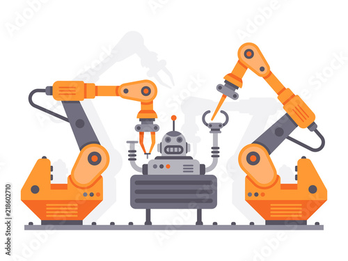 Flat auto robots factory. Electronic assembly of bot or robot vector illustration