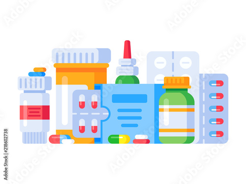 Medication drugs. Medicine pill, pharmacy drug bottle and antibiotic or aspirin pills. Medications isolated vector illustration