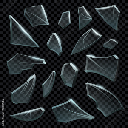 Realistic shattered glass. Transparent broken pieces of cracked glassful. Clear splinters shapes and shattered fragments vector set