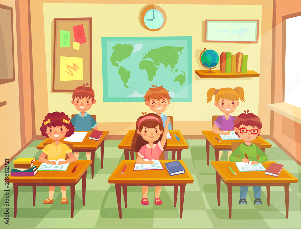 Pupil kids at classroom. Primary school children pupils, smiling boys and  girls study in schools class cartoon vector illustration Stock Vector |  Adobe Stock