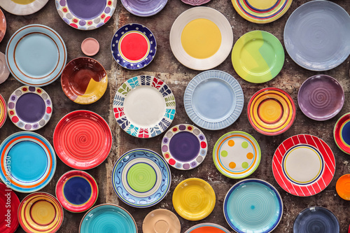 Colorful ceramic porcelain dishes kitchenware pattern background