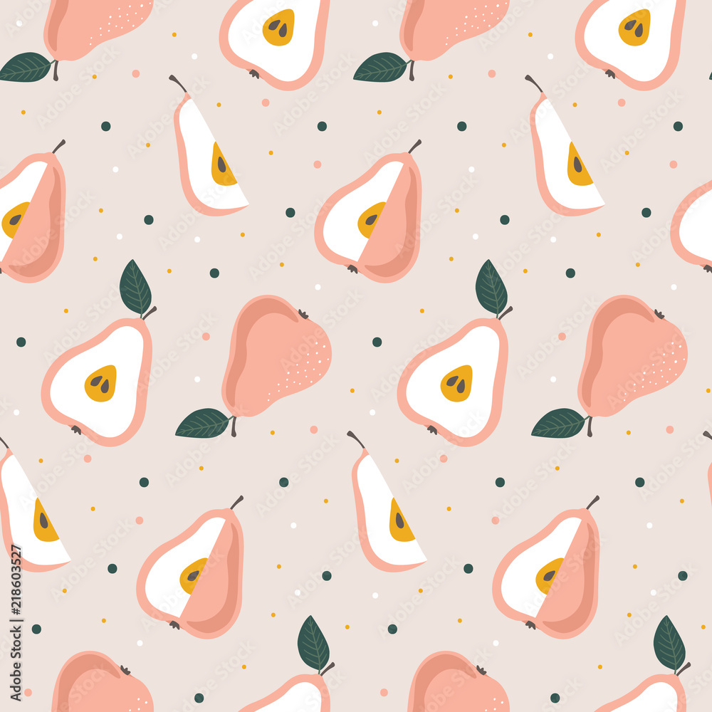 Hand drawn seamless pear pattern. Repetitive simple vector background with fruits.
