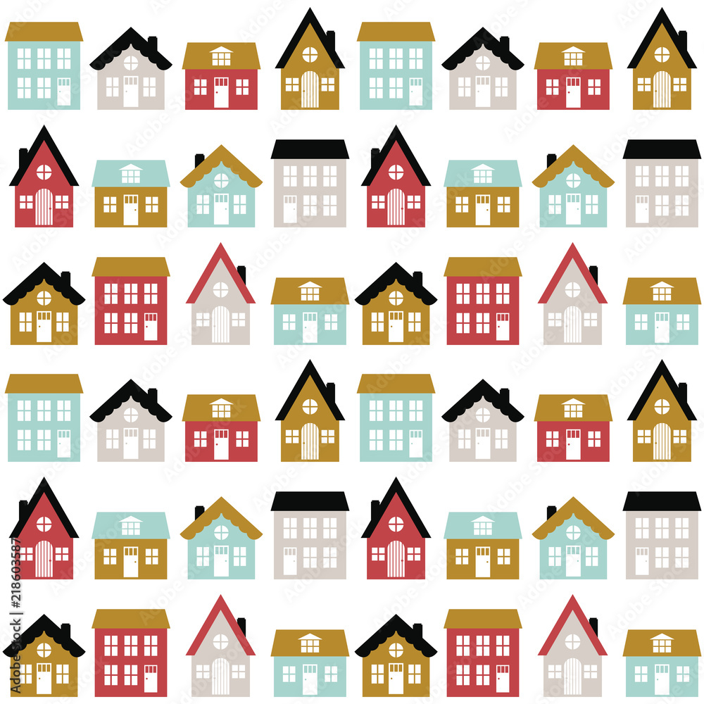 Modern seamless childish pattern with cute houses in scandinavian style. Kids city texture for print. Vector repetitive background.