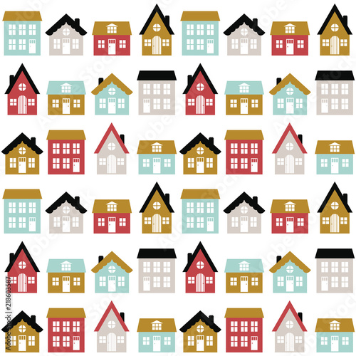 Modern seamless childish pattern with cute houses in scandinavian style. Kids city texture for print. Vector repetitive background.