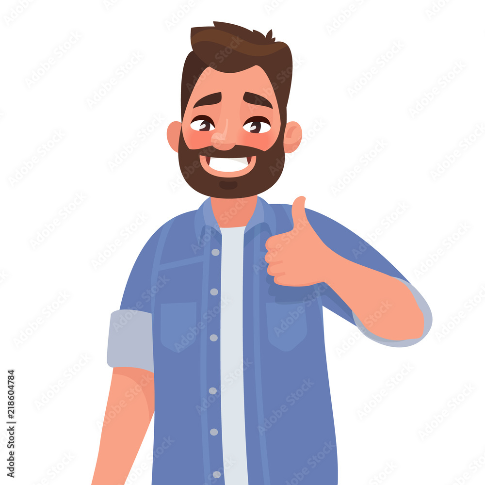 Bearded happy man shows thumb up. Gesture cool Bearded happy man shows thumb up. Gesture cool