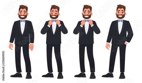 Set of character a bearded man in a business suit with a bow tie. The groom