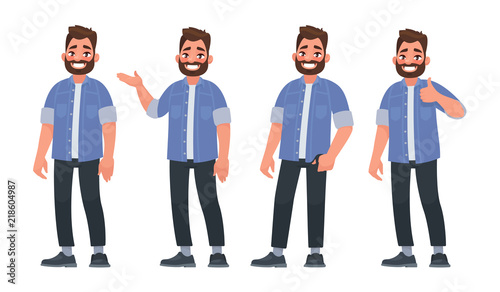 Set of character a handsome bearded man in casual clothes in different poses