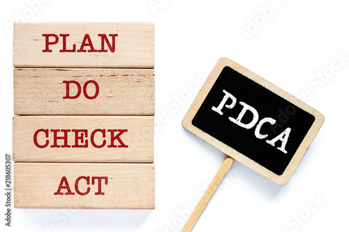 The wooden toy with words about PDCA that is four steps management method: PLAN, DO, CHECK and ACT for control and continual improvement of business concept on white background
