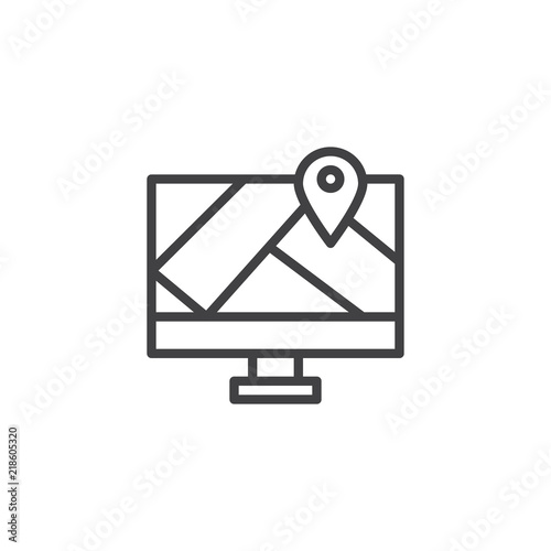 Monitor location map outline icon. linear style sign for mobile concept and web design. Map Screen simple line vector icon. Gps navigation symbol, logo illustration. Pixel perfect vector graphics