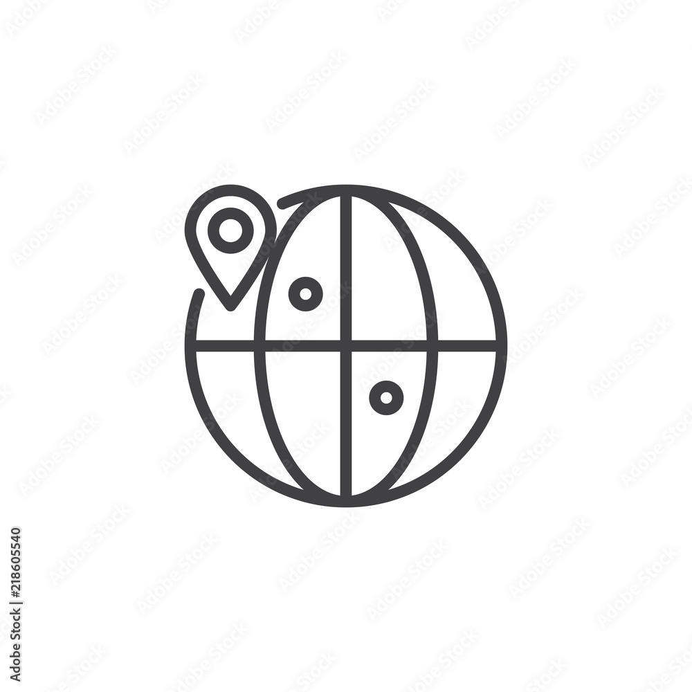 Globe location outline icon. linear style sign for mobile concept and web design. Earth globe with map pin simple line vector icon. Symbol, logo illustration. Pixel perfect vector graphics Globe location outline icon. linear style sign for mobile concept and web design. Earth globe with map pin simple line vector icon. Symbol, logo illustration. Pixel perfect vector graphics