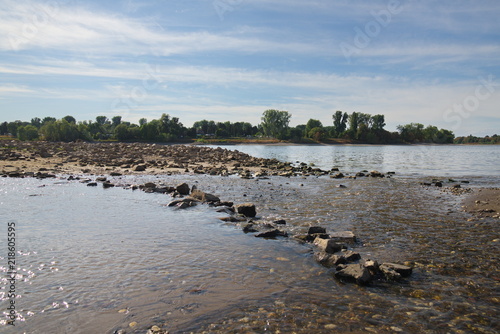 Landscape around tributary, rillet and estuary connect to main river and riverside of Rhine river in Düsseldorf, Germany. Natural shallow canal and pebble under clear flowing water around tidal marsh. photo