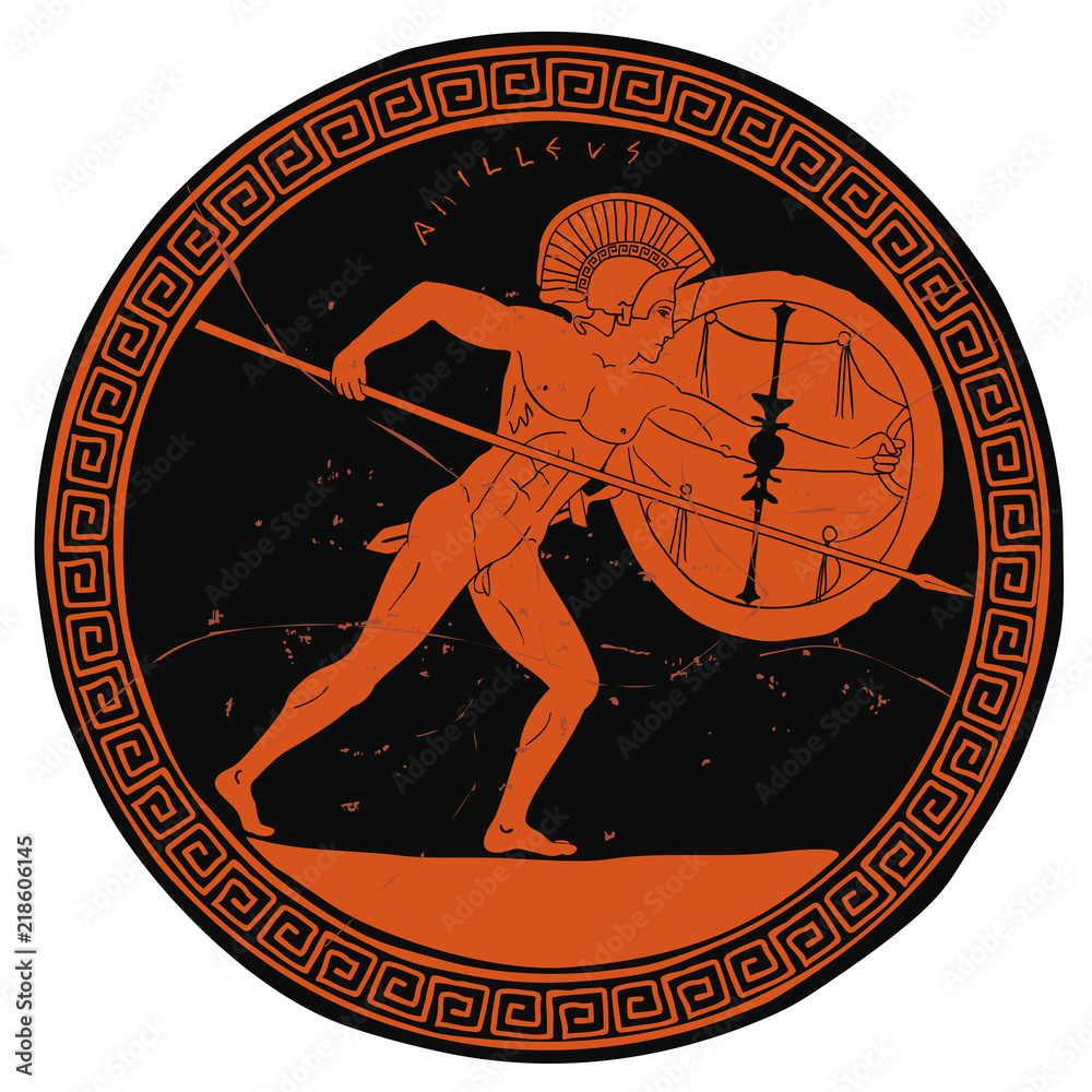 Ancient Greek warrior with a spear and shield in his hands. Figure on ...