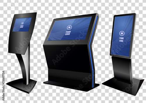 Three Promotional Interactive Information Kiosk, Advertising Display, Terminal Stand, Touch Screen Display isolated on transparent background. Mock Up Template.