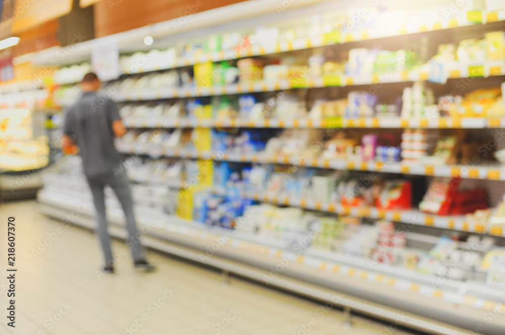 Blurred product shelves in the supermarket. Defocused background of store. Blurred product shelves in the supermarket. Defocused background of store.