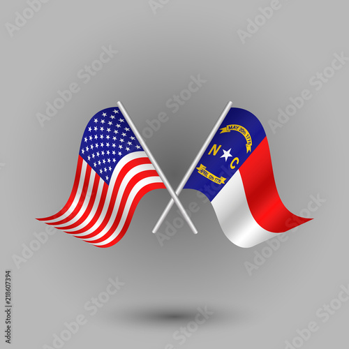vector two crossed american and flag of north carolina on silver sticks - symbols of united states of america usa