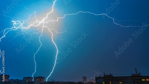 The thunderstorm with lightning above the city. time lapse photo