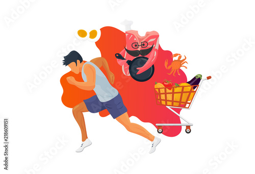 The Paleolithic or Paleo diet, known as caveman or stone-age diet concept illustration: meat steak, trolley with fruits and vegetables, gluten free and no lactose signs.