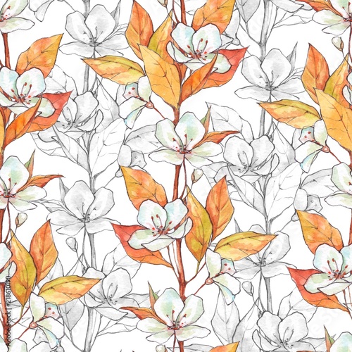 Seamless pattern with flowers and leaves. Floral background, hand drawn