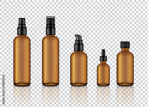 Mock up Realistic Glossy Amber Transparent Glass Cosmetic Soap, Shampoo, Cream, Oil Dropper and Spray Bottles Set With Black Cap for Skincare Product Background Illustration