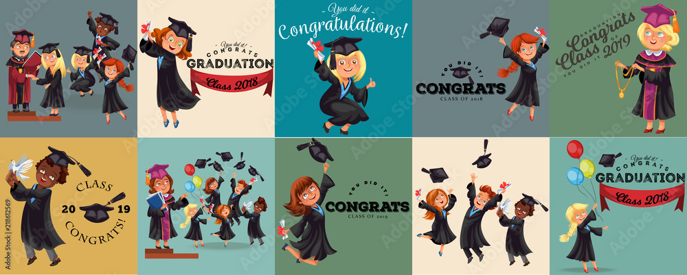 Congrats flat set. College composition consist of graduation class of 2019 students throwing caps girls and boys in gowns with diplomas graduates party vector illustration.