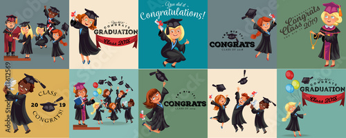 Congrats flat set. College composition consist of graduation class of 2019 students throwing caps girls and boys in gowns with diplomas graduates party vector illustration.