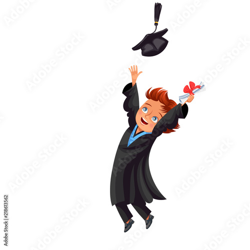 Class of 2018 congrats colorful flat poster with happy cheerful graduate in gown and cap