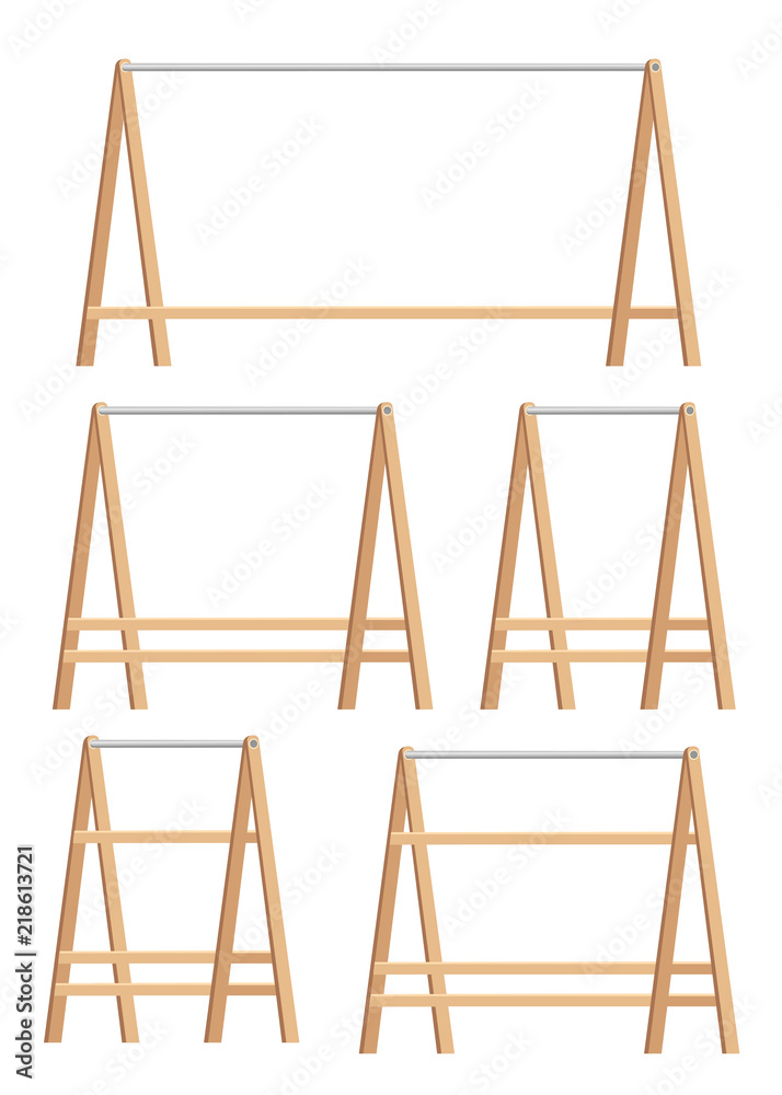 Wooden hanger rack set. Wooden object for shop or or for the hall. Wood and metal. Flat vector illustration isolated on white background Wooden hanger rack set. Wooden object for shop or or for the hall. Wood and metal. Flat vector illustration isolated on white background