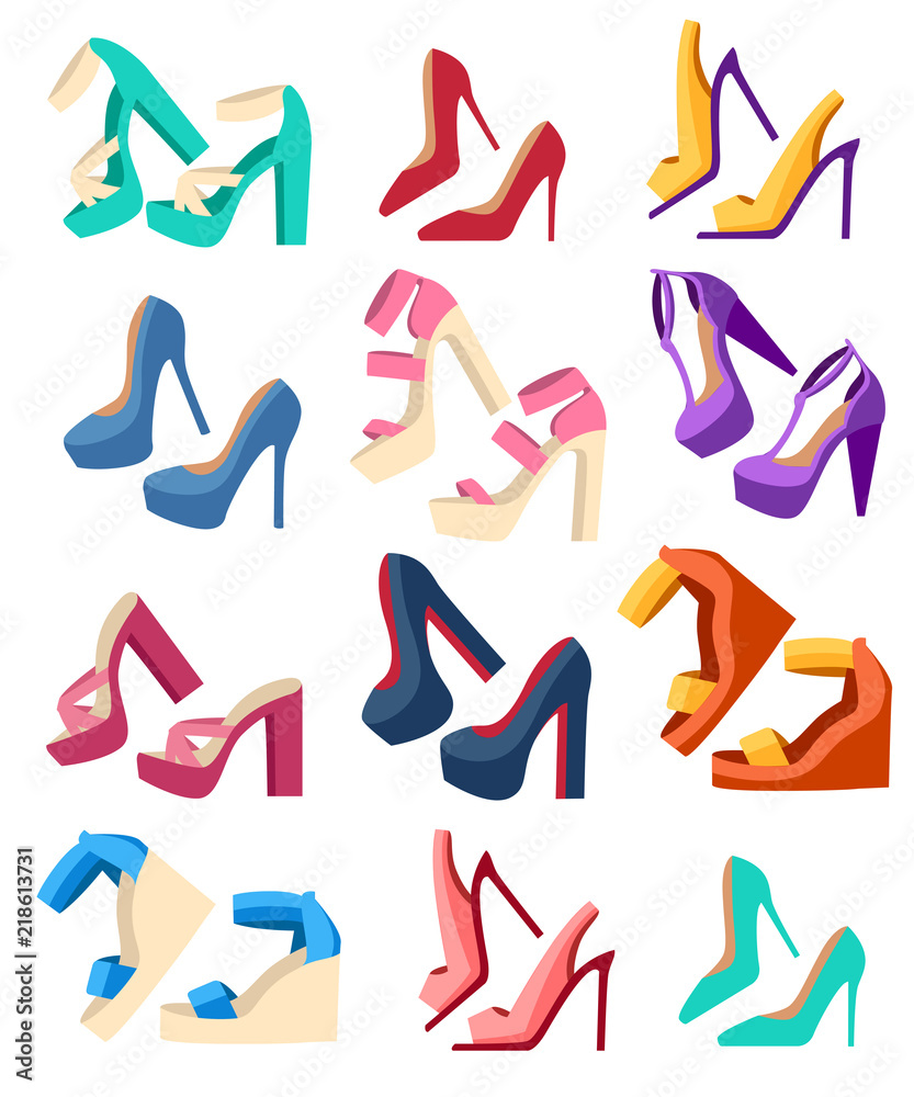 Obraz premium Women summer shoes collection. High heel shoes set. Flat fashion design leather colored moccasins. Vector illustration isolated on white background