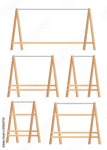 Wooden hanger rack set. Wooden object for shop or or for the hall. Wood and metal. Flat vector illustration isolated on white background
