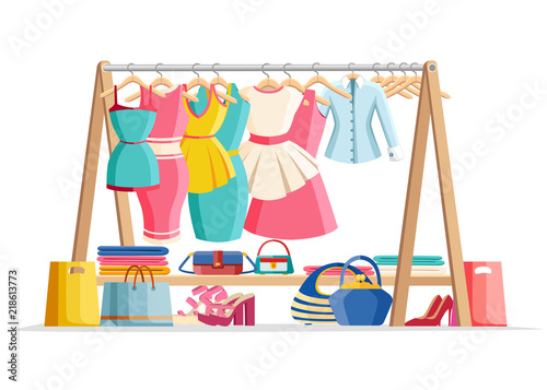 Wooden hanger rack with female clothes and handbags with shoes on floor. Casual garment. Everyday outfit sale concept. Flat style vector illustration isolated on white background