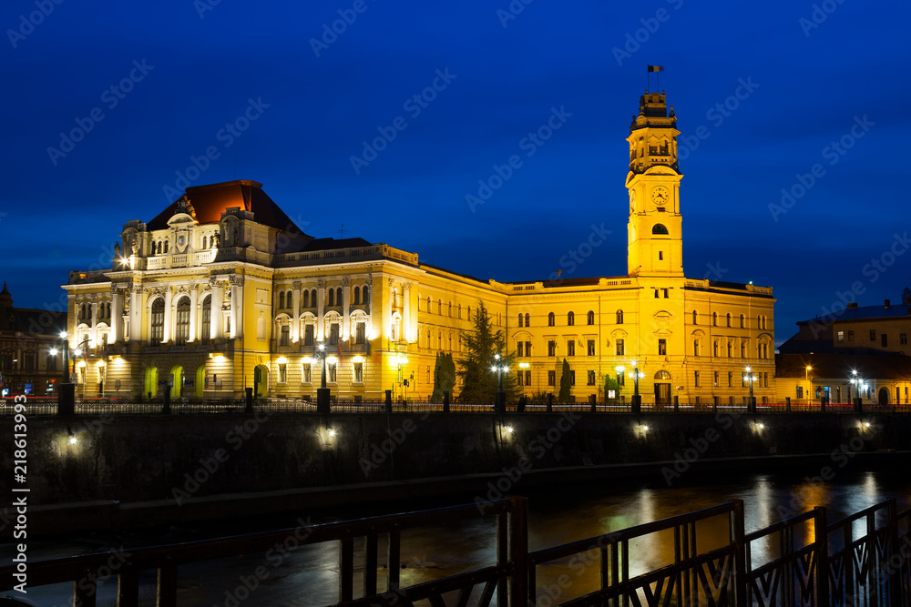 Oradea City Hall and quay in night
