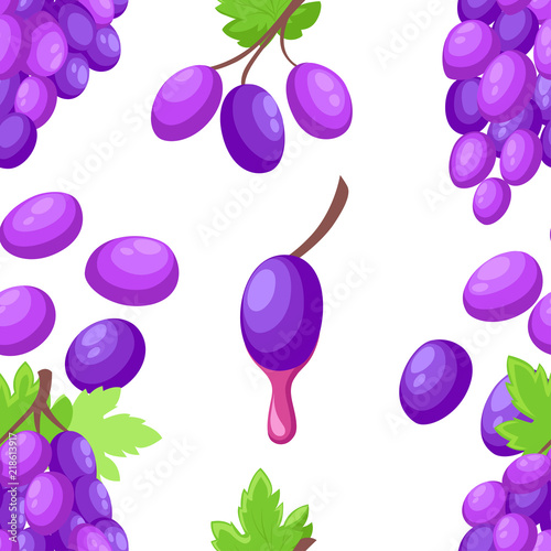 Seamless pattern. Wine grape with green leaf. Flat purple bunch of grape with a drop of juice. Vector illustration isolated on white background