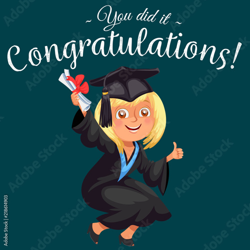 Congrats colorful flat poster with happy graduate celebration graduation day and showing thumb up sigh vector illustration.