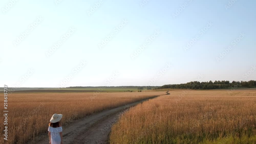 beautiful woman in white dress and luxurious hat goes to field of ripe golden wheat on sunset beautiful woman in white dress and luxurious hat goes to field of ripe golden wheat on sunset