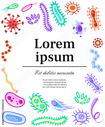 Bacteria and viruses. Colorful microorganisms collections. Flat vector bacteria  viruses  fungi  protozoa. Flat vector illustration with place for text. Concept design for website or advertising