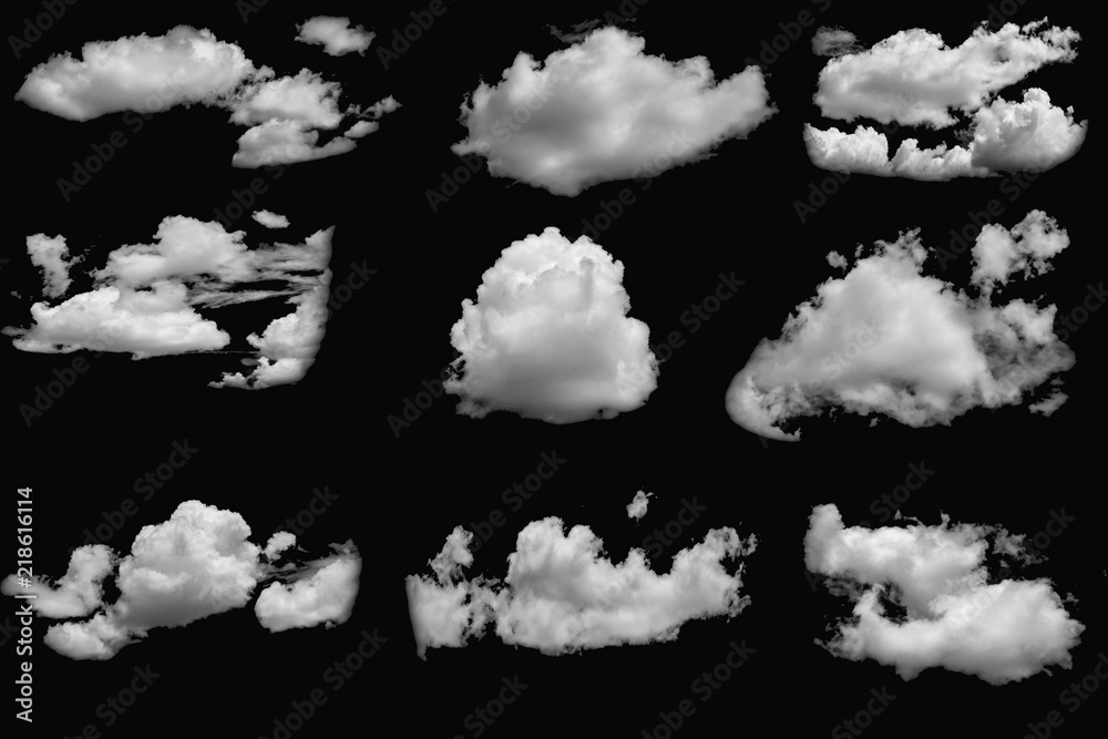 Set of clouds white fluffy on isolated elements black background. Set of clouds white fluffy on isolated elements black background.