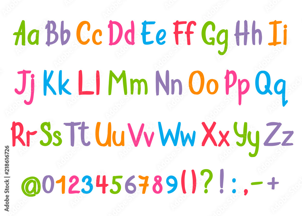 Coloful alphabet in sketchy style. Vector handwritten pencil letters, numbers and punctuation marks. Brush pen handwriting font.