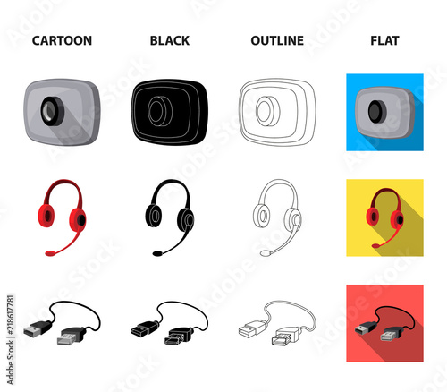 Webcam, headphones, USB cable, processor. Personal computer set collection icons in cartoon,black,outline,flat style vector symbol stock illustration web.