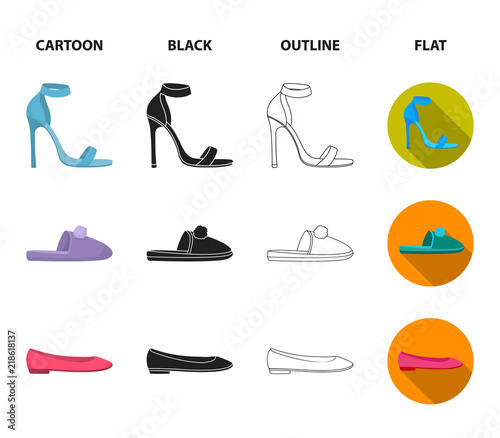 Blue high-heeled sandals, homemade lilac slippers with a pampon, pink women ballet flats, brown high-heeled shoes. Shoes set collection icons in cartoon,black,outline,flat style vector symbol stock