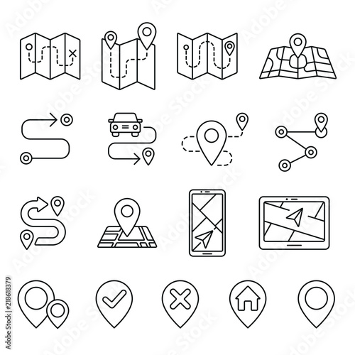 Route map related icons: thin vector icon set, black and white kit