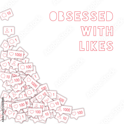 Social media icons. Obsessed with likes concept. Falling counter comment friend notification. Tempti