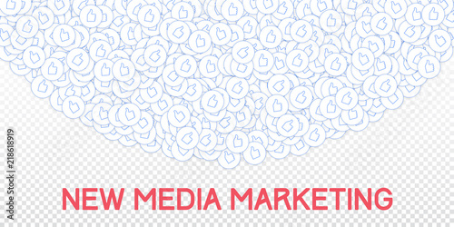 Social media icons. Transparent grid concept. Falling scattered thumbs up. Top semicircle elements o