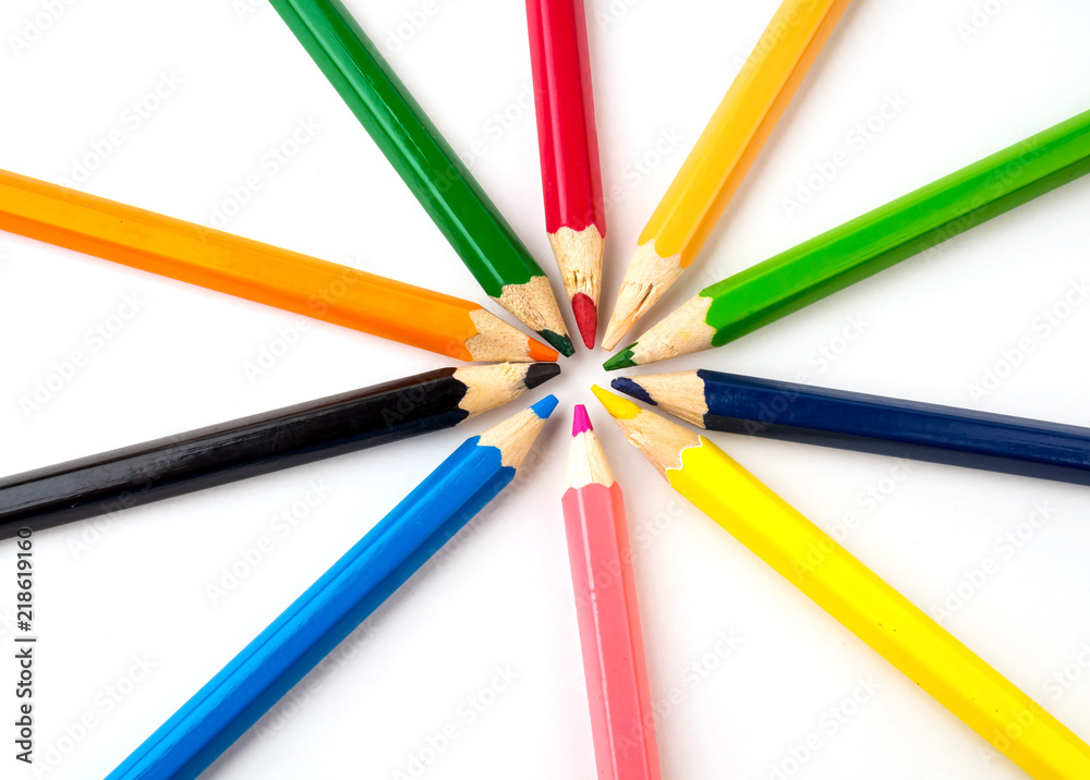Colored pencils on white background. Stationery Colored pencils on white background. Stationery